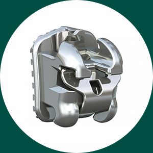 Silver mechanical clamp device with curved jaws on a white circle background