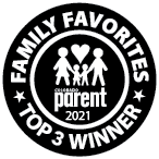 Black-and-white “Family Favorites” Top 3 Winner badge with parent and children icons, 2021.