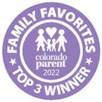 Purple-and-white badge reading “Family Favorites Top 3 Winner,” Colorado Parent 2022.