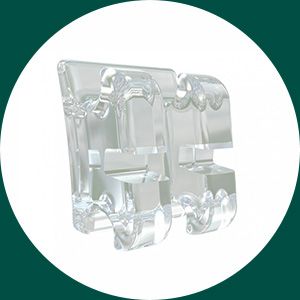 Transparent interlocking plastic block on a white circle with dark green background