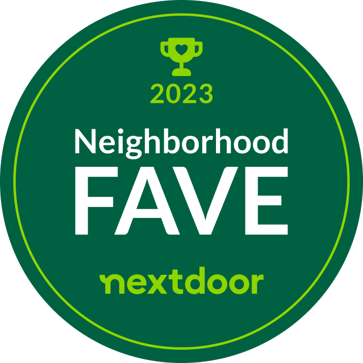 2023 Nextdoor Neighborhood Fave badge, green circular award with trophy icon and white text
