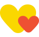 Two overlapping hearts, a large yellow heart and a smaller red heart on a white background