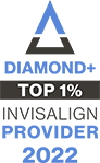 Diamond+ Top 1% Invisalign Provider 2022 badge with blue and gray logo