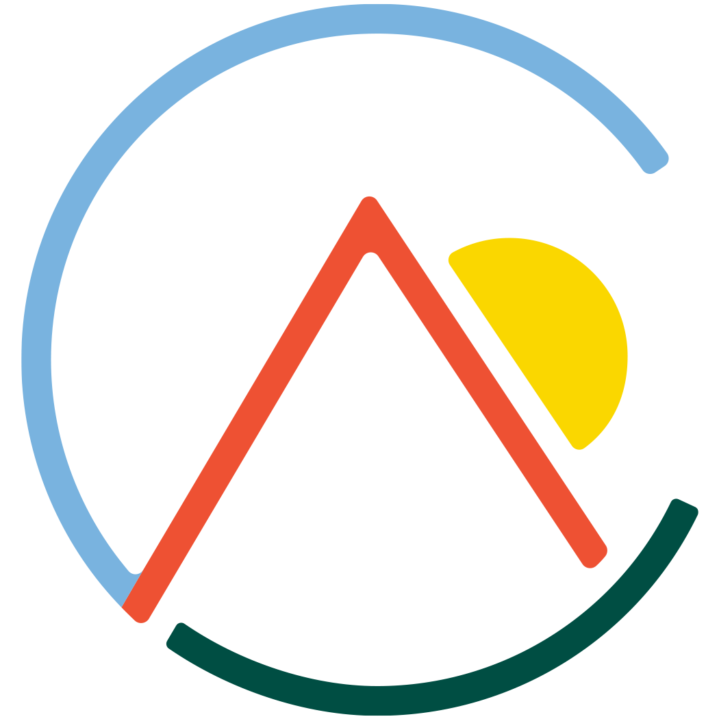 Abstract logo with blue and green circular arcs, a red peaked line, and a yellow semicircle.