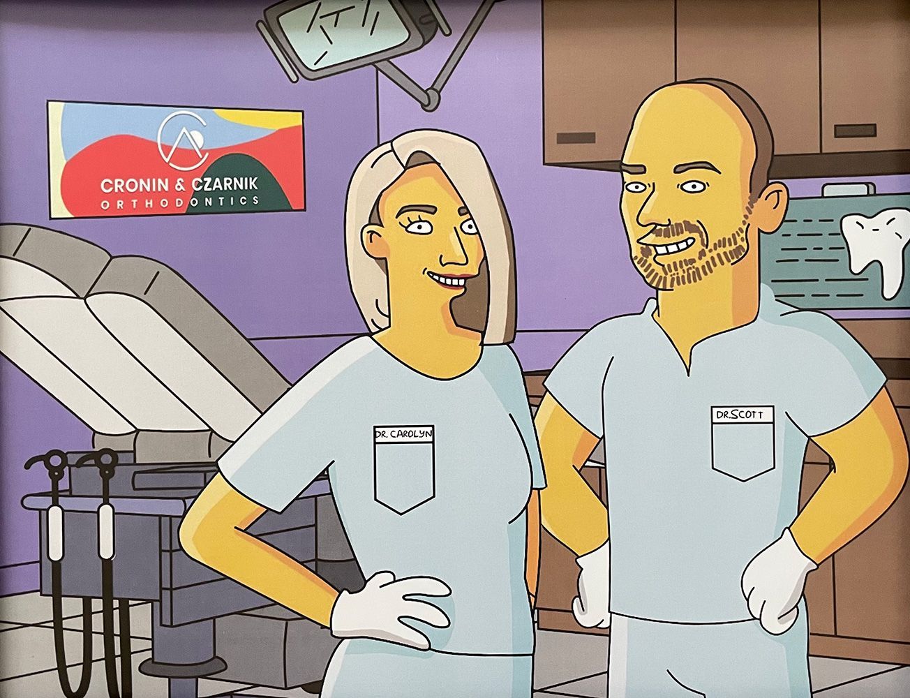 Two cartoon workers in light blue uniforms standing in a factory, smiling with hands on hips.