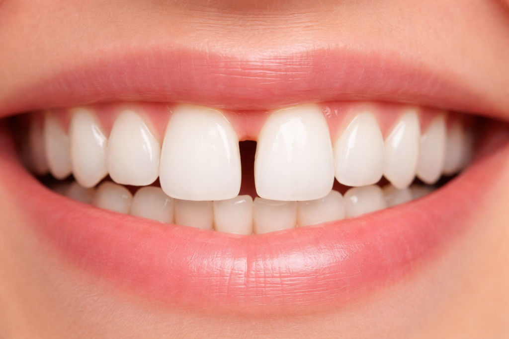 Close-up of a smiling mouth showing white teeth and pink lips
