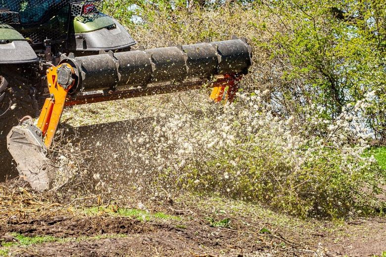 A tractor mulching bushes, spraying wood chips onto the ground in a sunny field.