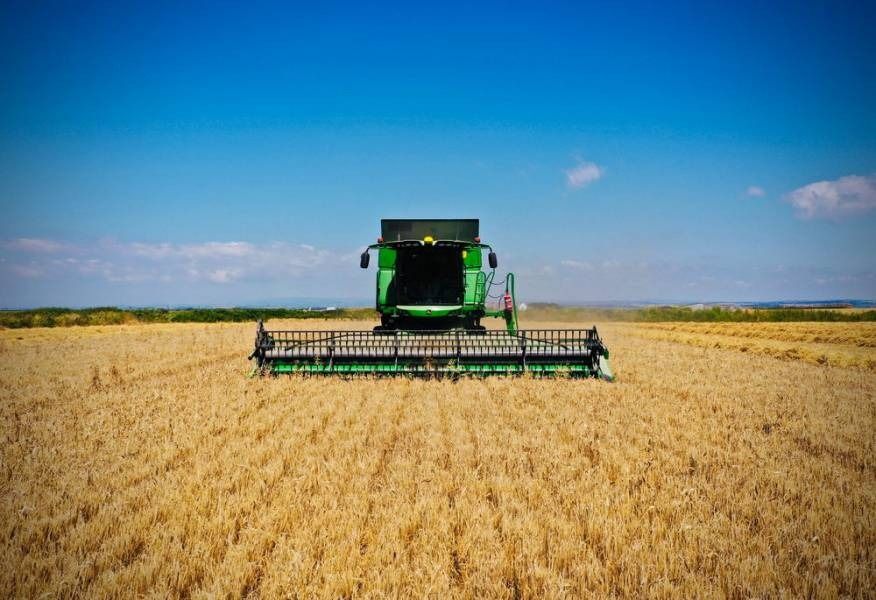 Green combine harvester harvesting wheat field under a bright blue sky.