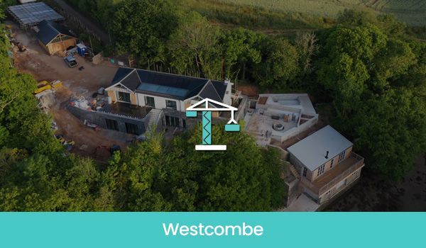 Construction site: aerial view of Westcombe house with crane icon overlay.