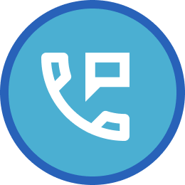 An icon of a phone with a speech bubble on it in a blue circle.