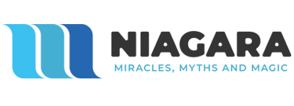 The niagara miracles , myths and magic logo is blue and black.