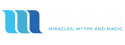 The logo for miracles , myths and magic is blue and white.