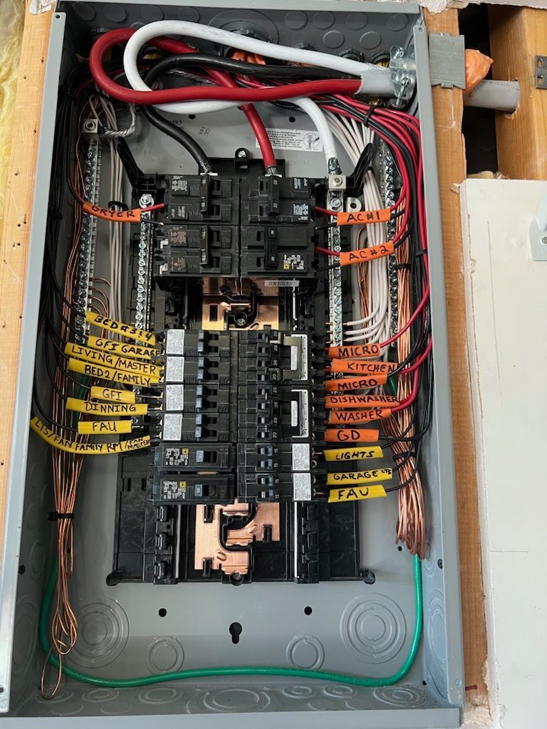 Electrical panel with wires and circuit breakers.