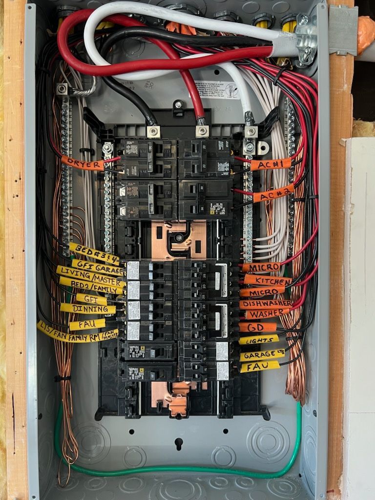 Electrical panel with labeled circuits and wiring. Red, black, and white wires visible. Green ground wire.