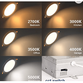 Six LED panel lights with varying color temperatures, in the bedroom, kitchen, office, garage, and warehouse.