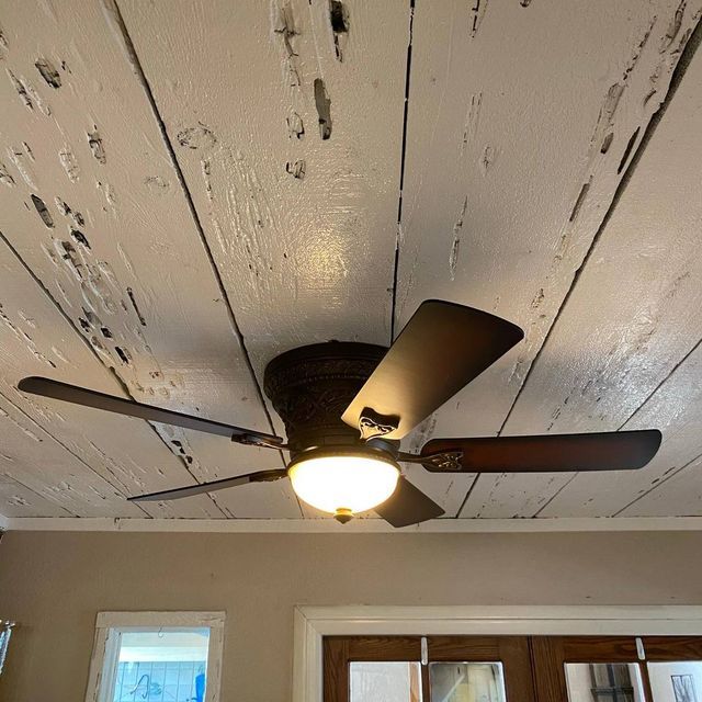 Ceiling fan with dark blades and light fixture, set against a white, distressed-wood ceiling.