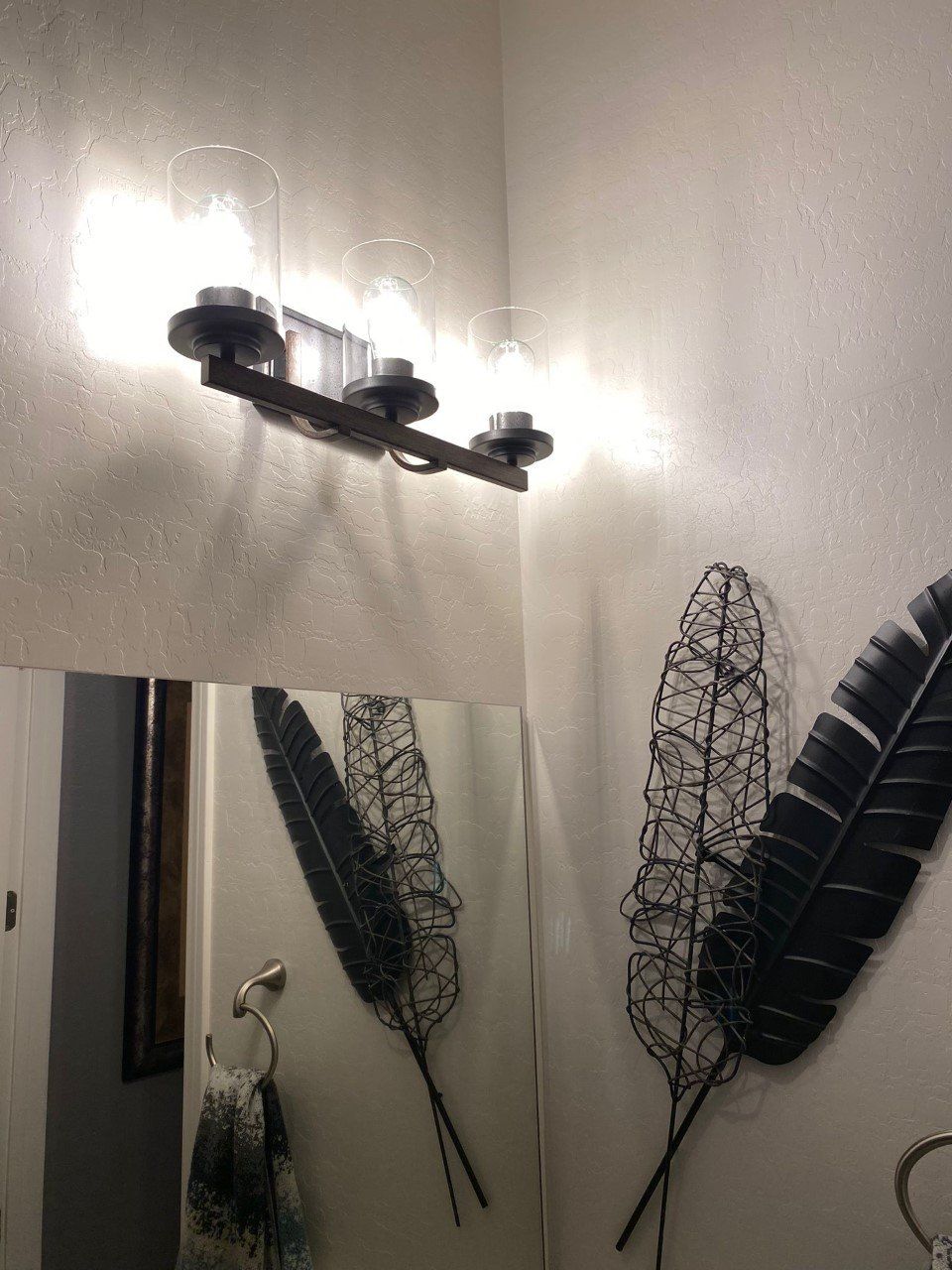 Bathroom corner with a mirror, wall art of feathers, and a light fixture.