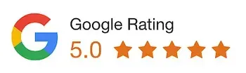 Google rating: 5.0 stars. Google logo with red, yellow, green, and blue colors. Five orange stars.