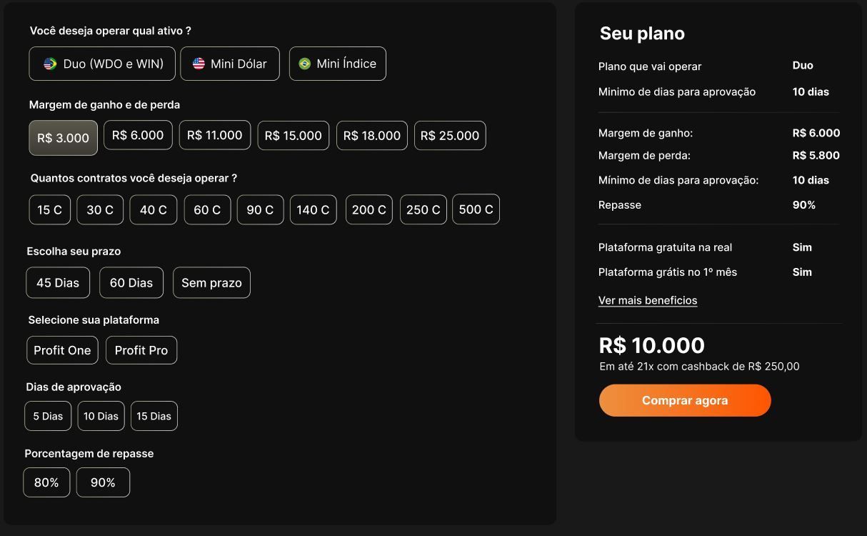 Página da web com interface escura mostrando opções de preços, incluindo um plano que custa R$ 10.000.