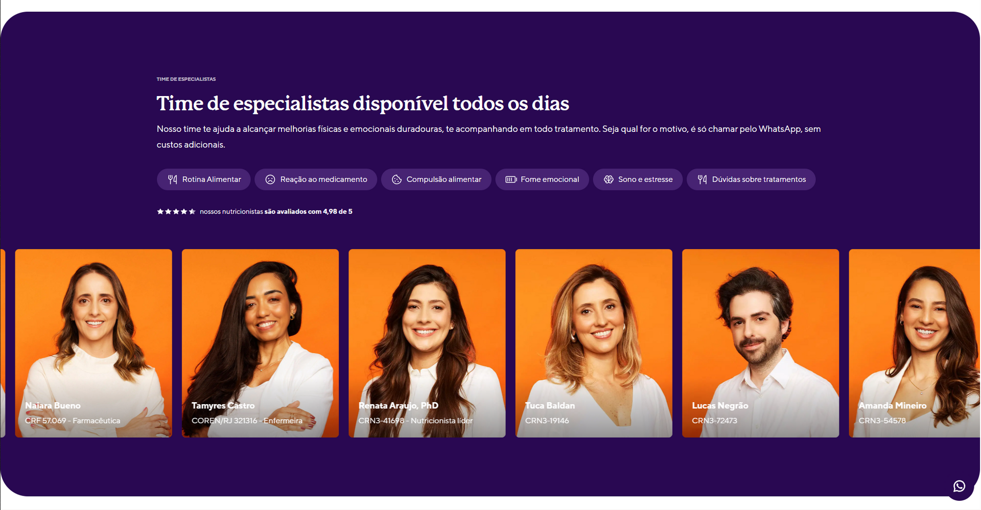 Profissionais sorridentes em fundos laranja, especialistas em promoção de sites.