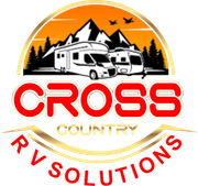 Logo for Cross Country RV Solutions has orange lettering with a motorhome in the background.