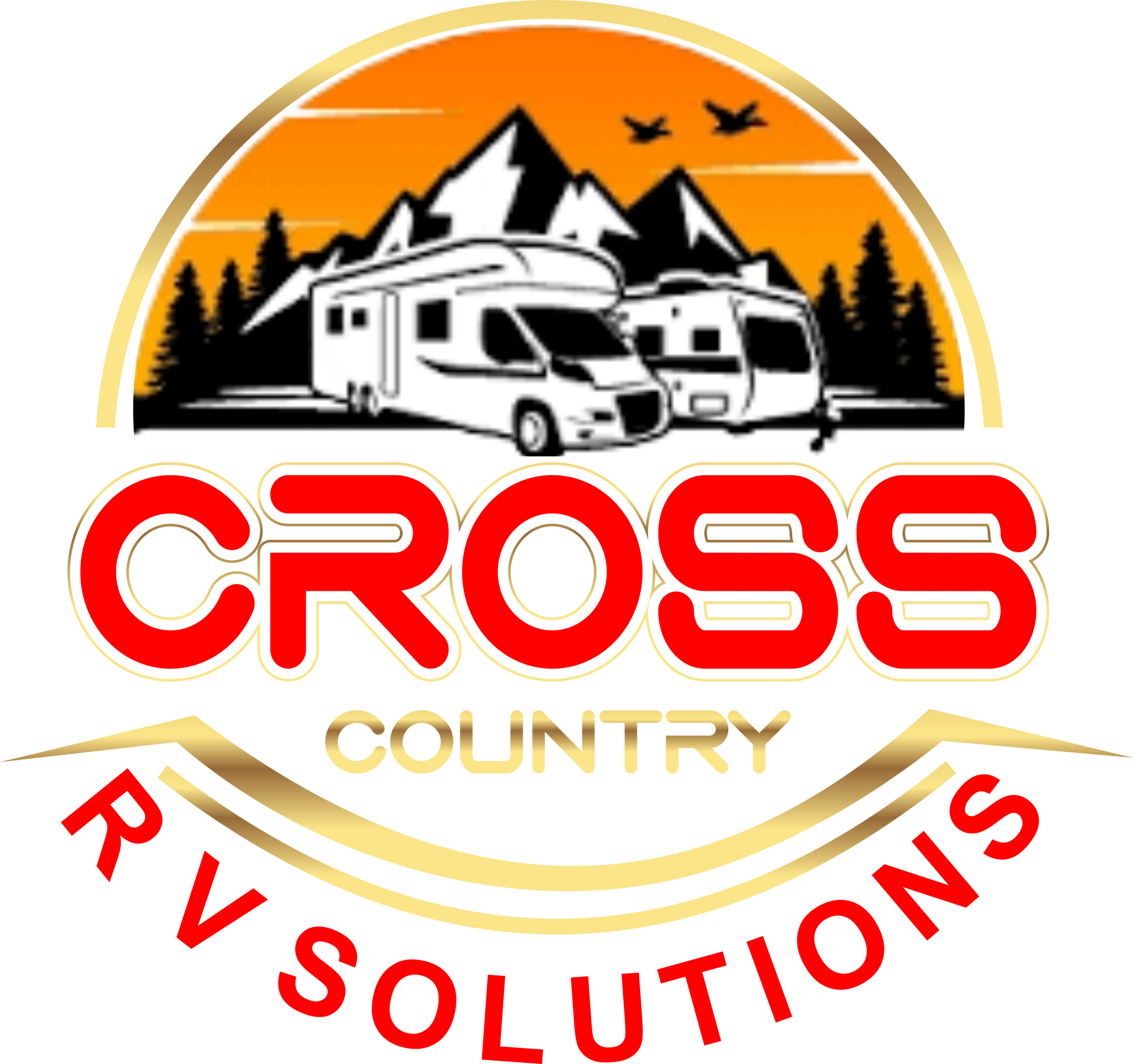 Logo for Cross Country RV Solutions has orange lettering with a motorhome in the background.