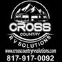 Logo for Cross Country RV Solutions has orange lettering with a motorhome in the background.