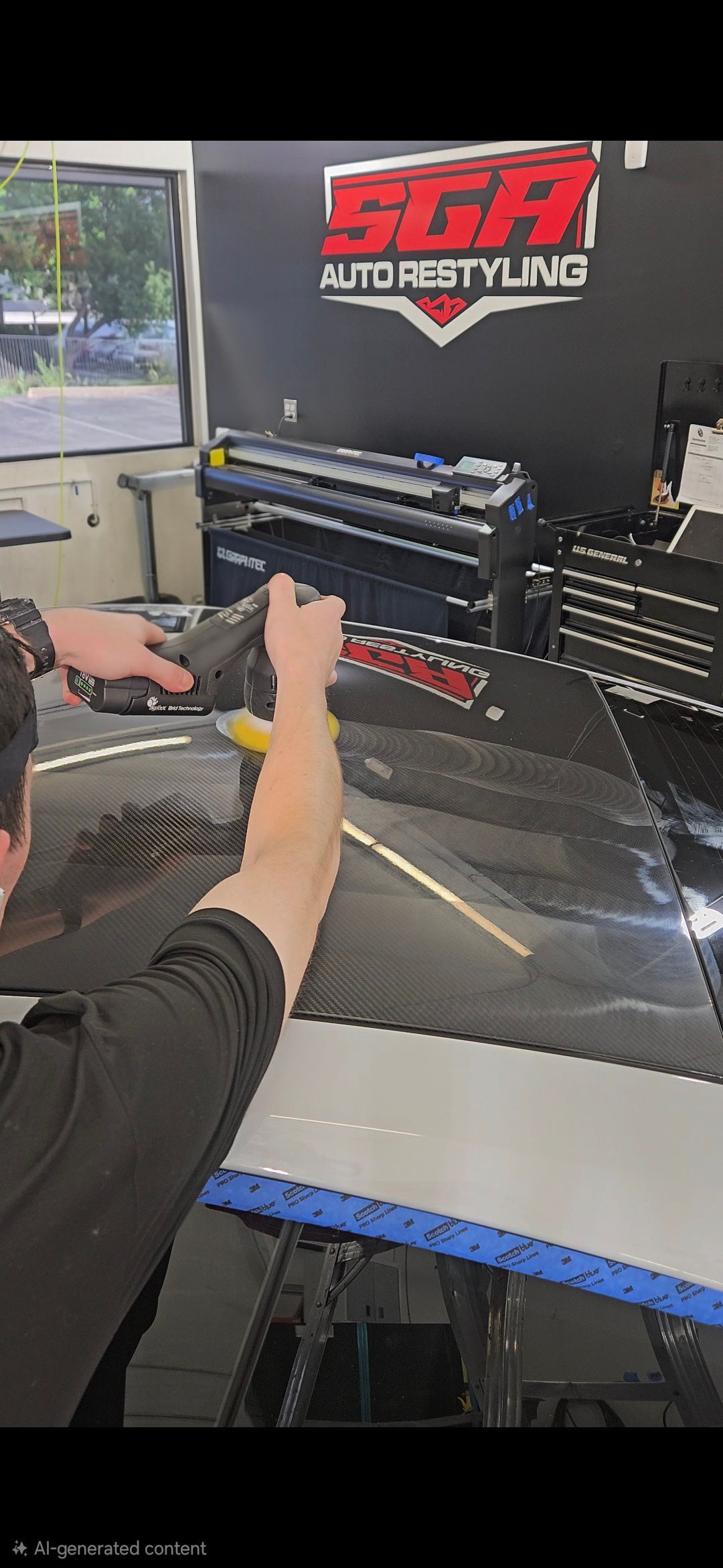 A person applies a film to a car part. They use tools in a shop with a logo that says 