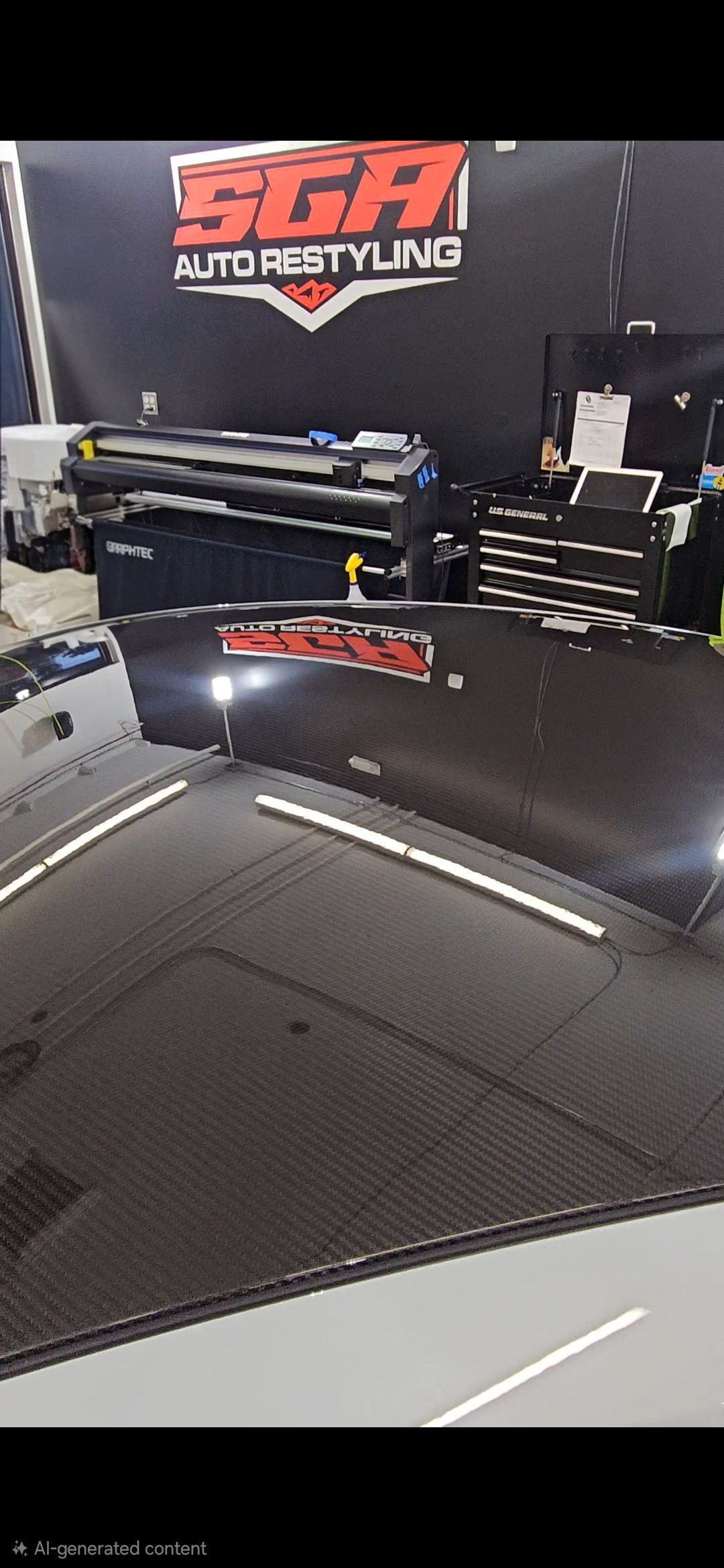 A work area with equipment, a black surface, and a sign that reads, 