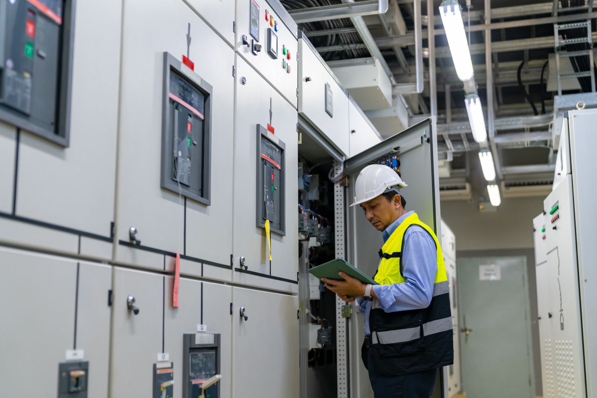 A man is standing in front of a control panel in a factory looking at a tablet.