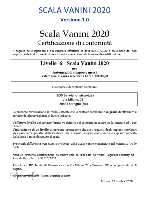 Certificato di conformità VANINI 2020