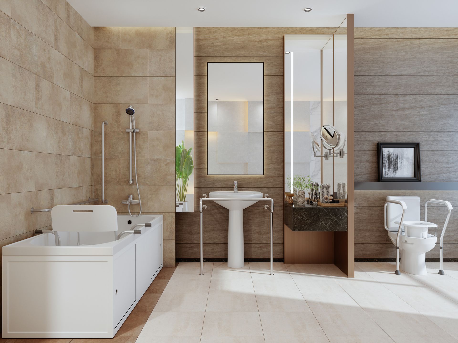 Accessible bathroom with tub, sink, toilet, and grab bars. Beige and neutral tones, designed for elderly or disabled use.