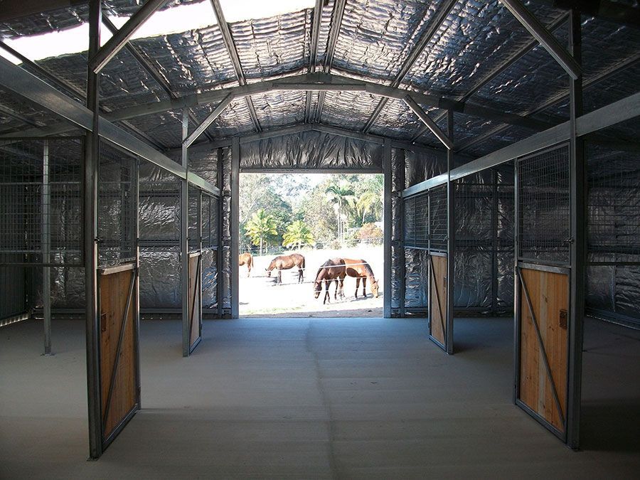 Horses are grazing in a barn with the door open