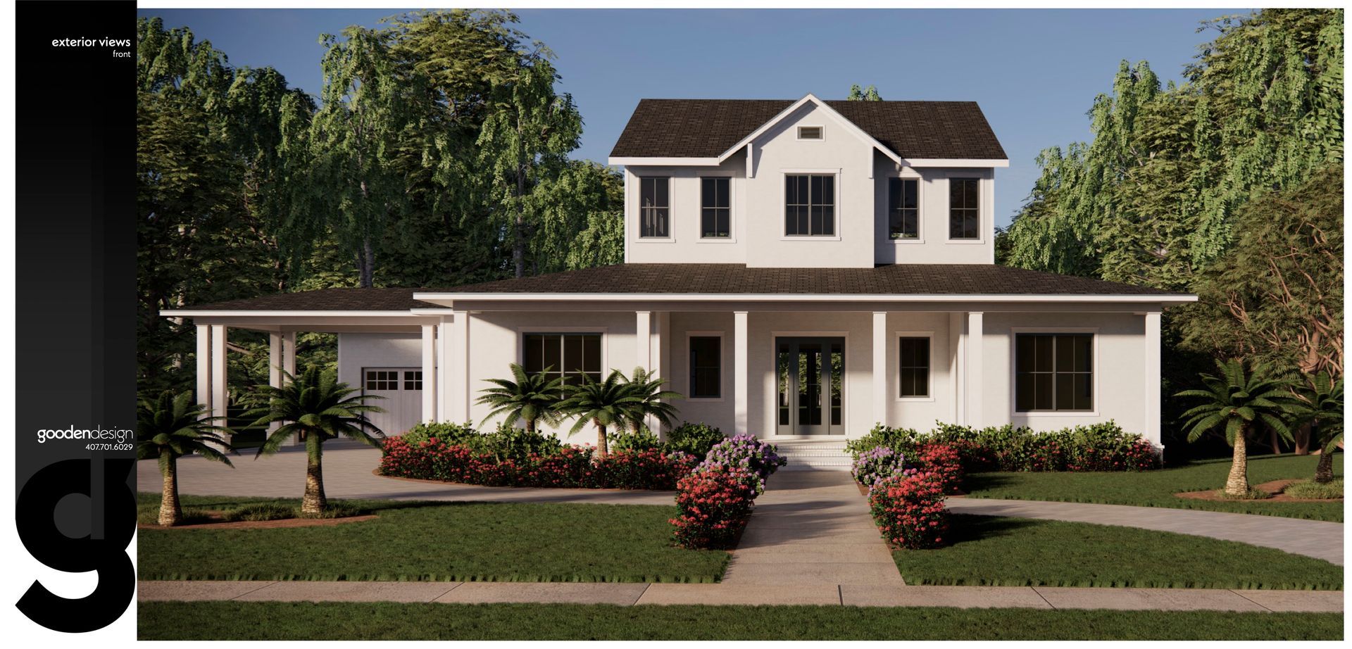 Front elevation of the luxury residence at 1122 Dingens Avenue, Gotha, Florida, emphasizing the prominent three-car garage, wide covered porch, and beautifully designed landscaping.