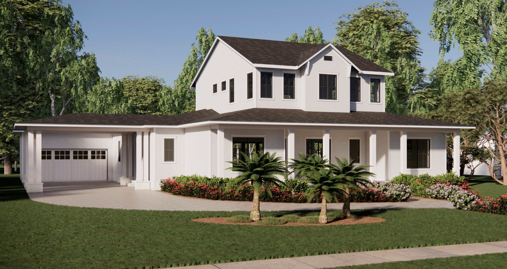 Front elevation rendering of the modern two-story white residence at 1122 Dingens Ave, Gotha, FL, featuring a spacious wrap-around porch, dark shingled roof, and lush landscaping with palm trees.