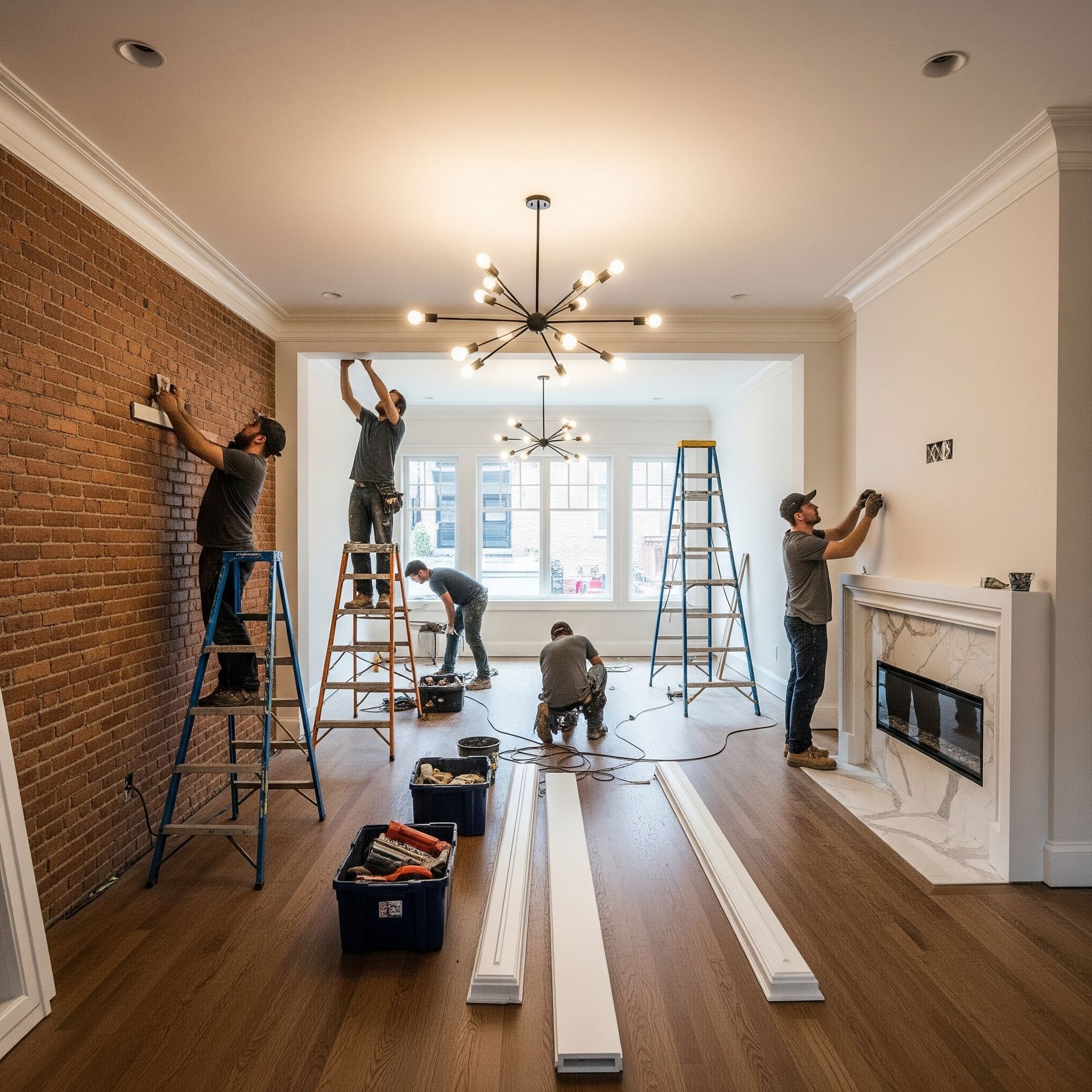 A group of men are working on a brick wall in a living room