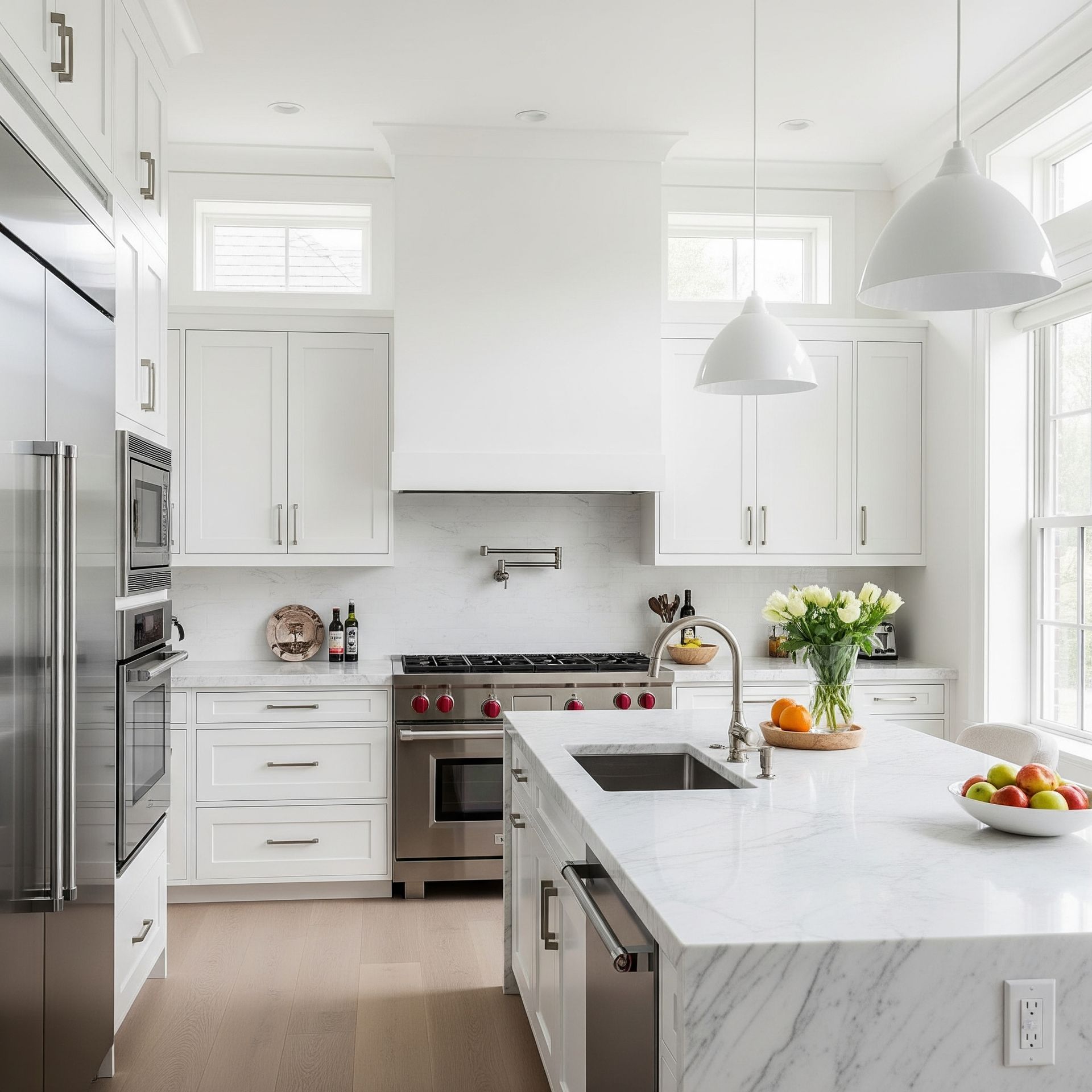 A kitchen with white cabinets and stainless steel appliances