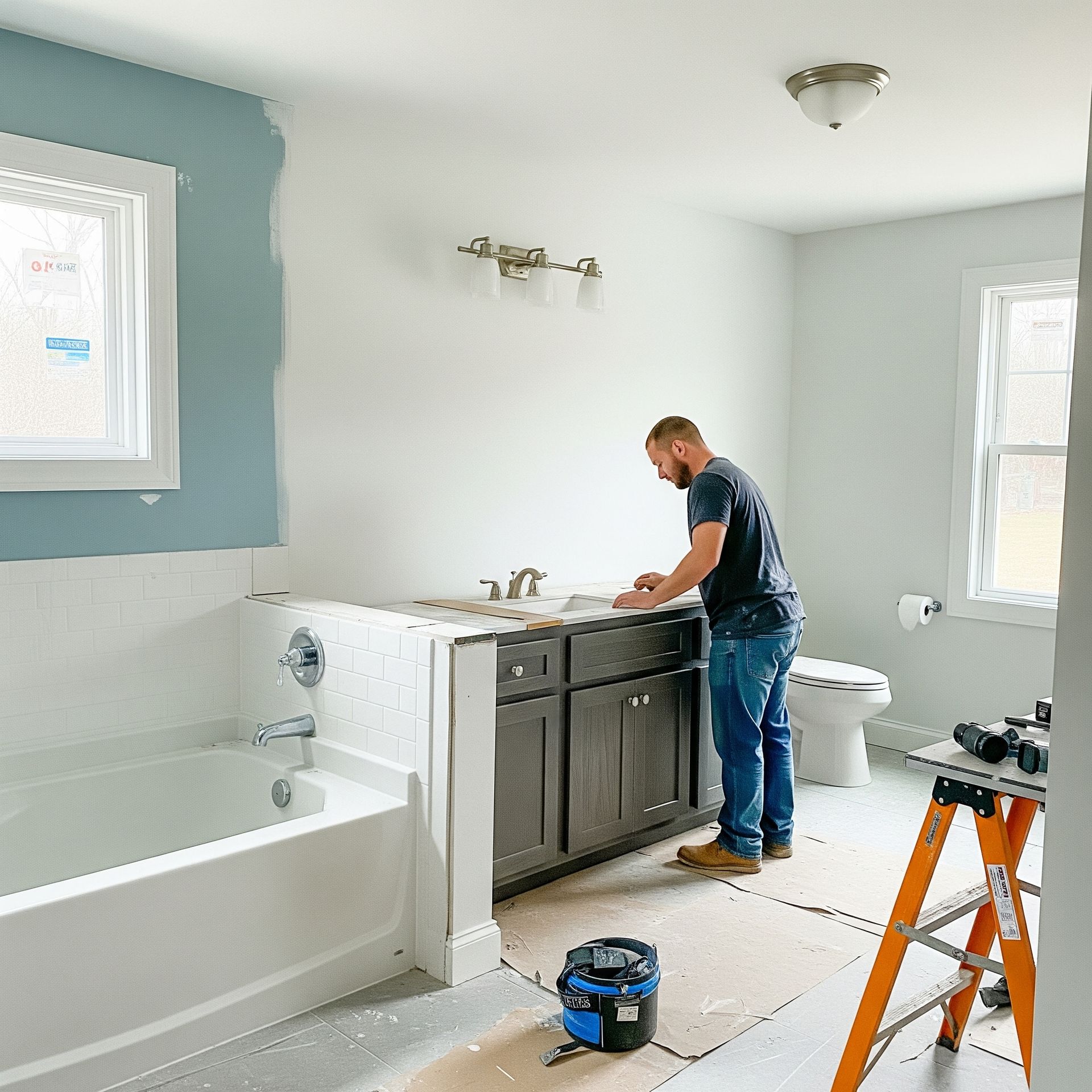 A man is standing in a bathroom working on a sink.