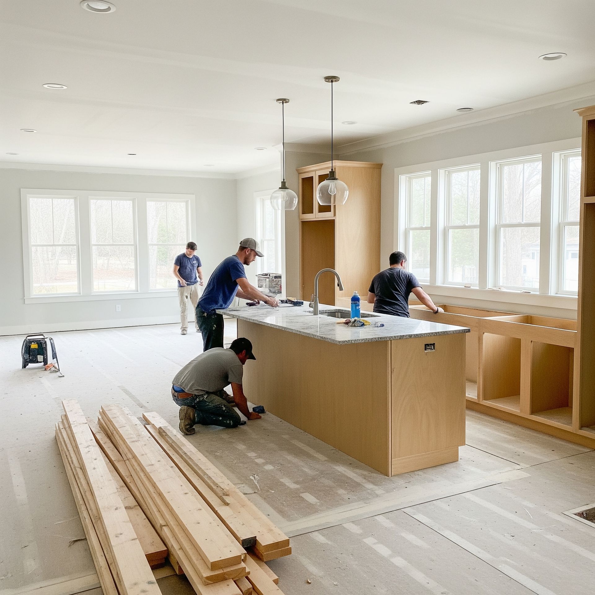 A group of men are working in a kitchen under construction.
