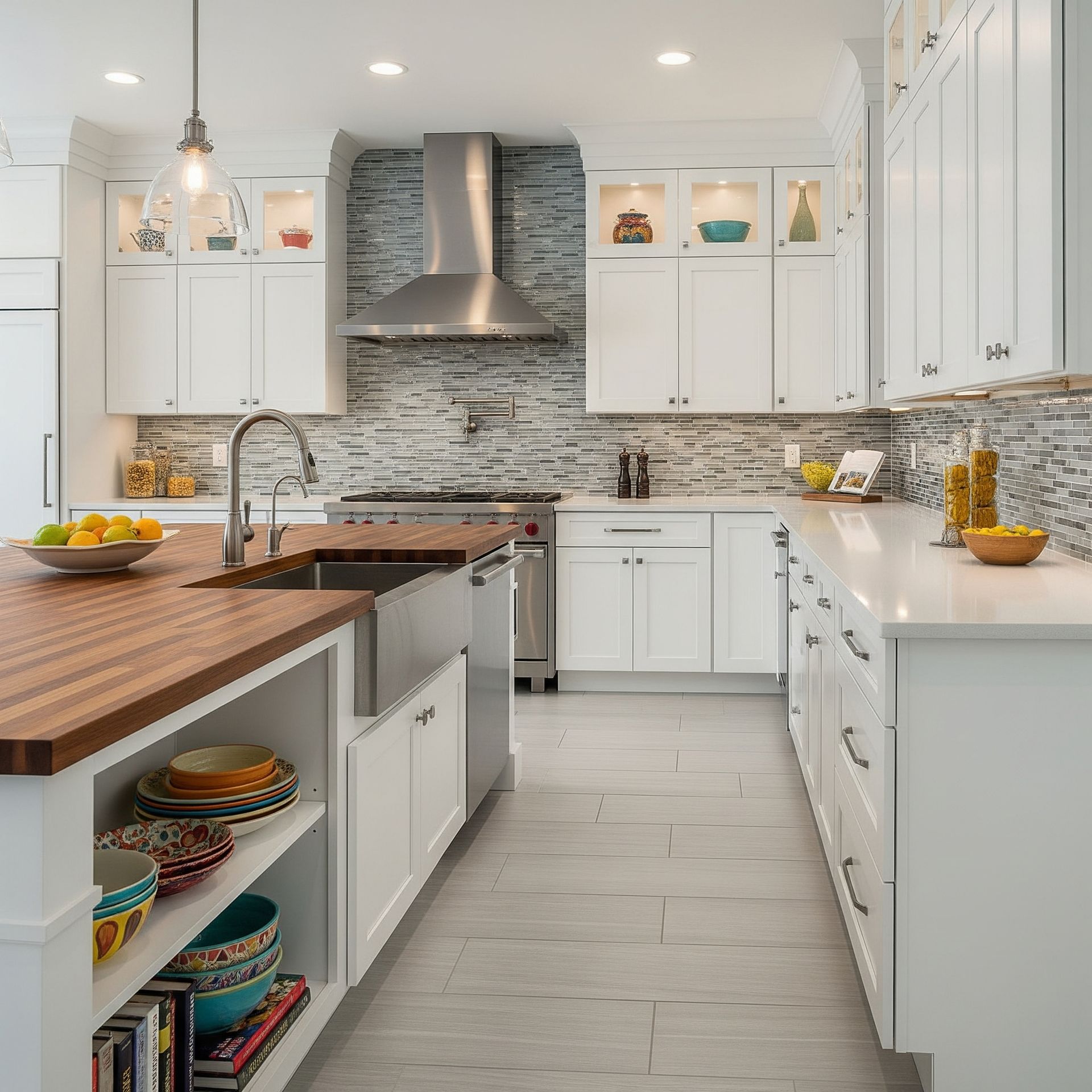 A kitchen with white cabinets and a wooden counter top