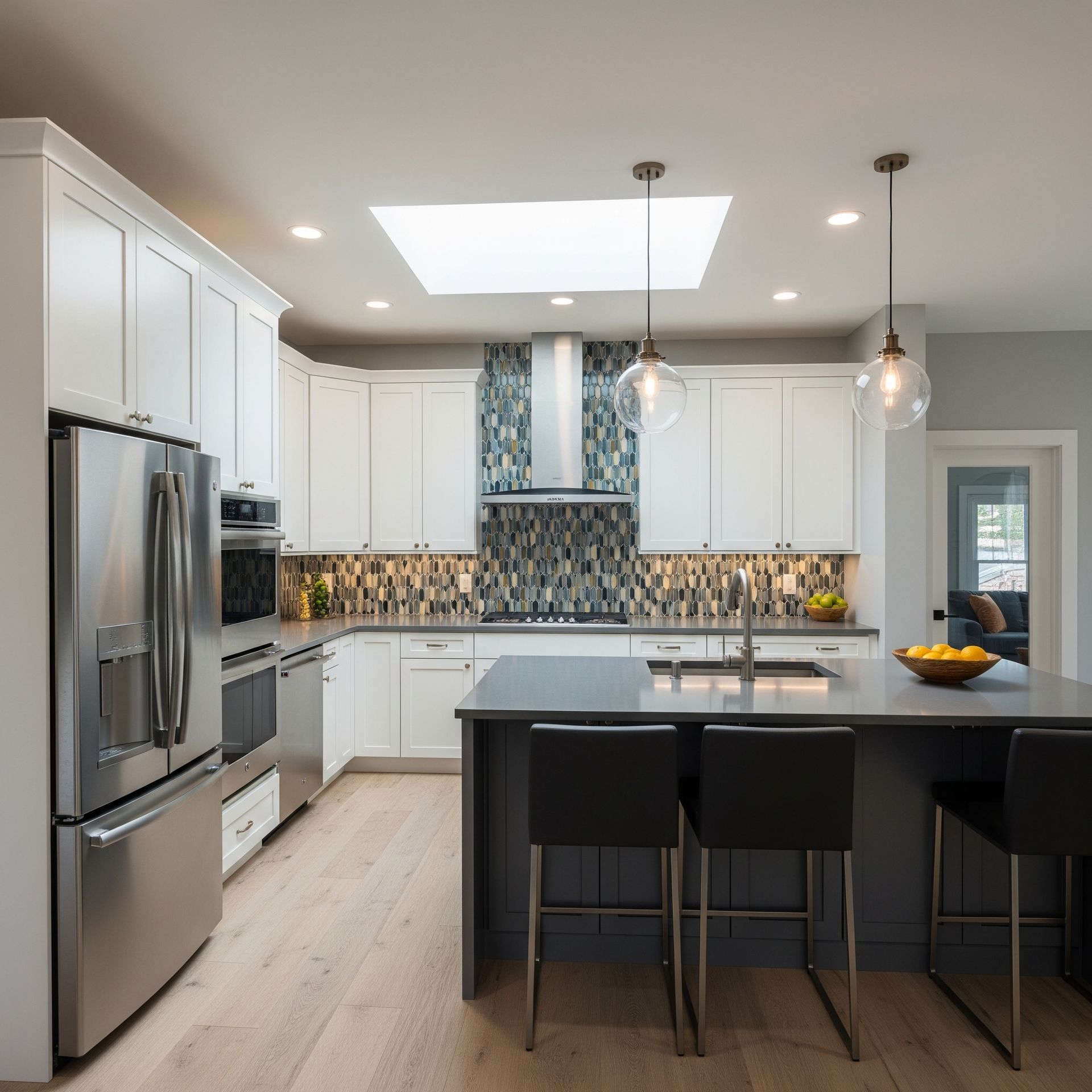 A kitchen with white cabinets and stainless steel appliances