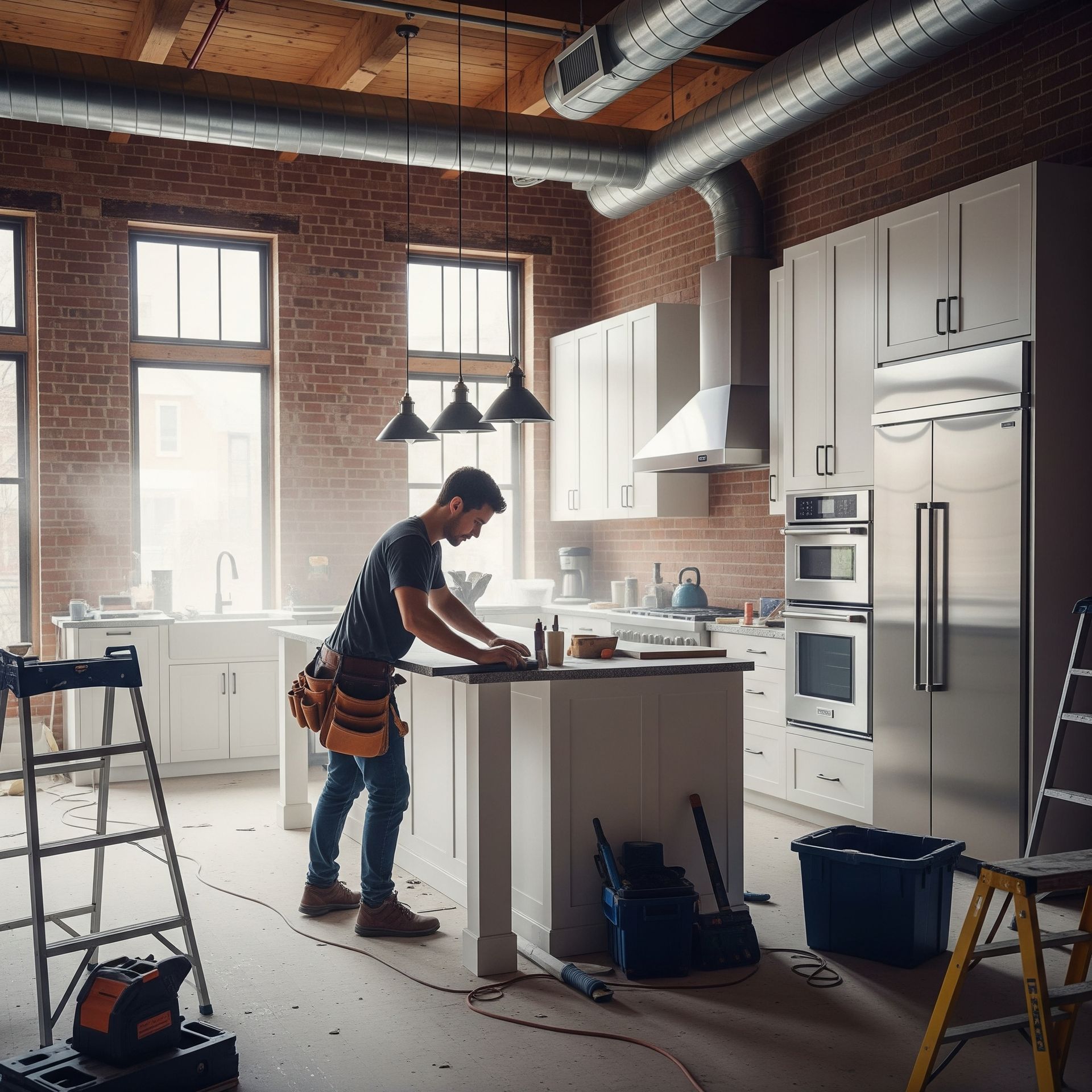 A man is working in a kitchen with stainless steel appliances