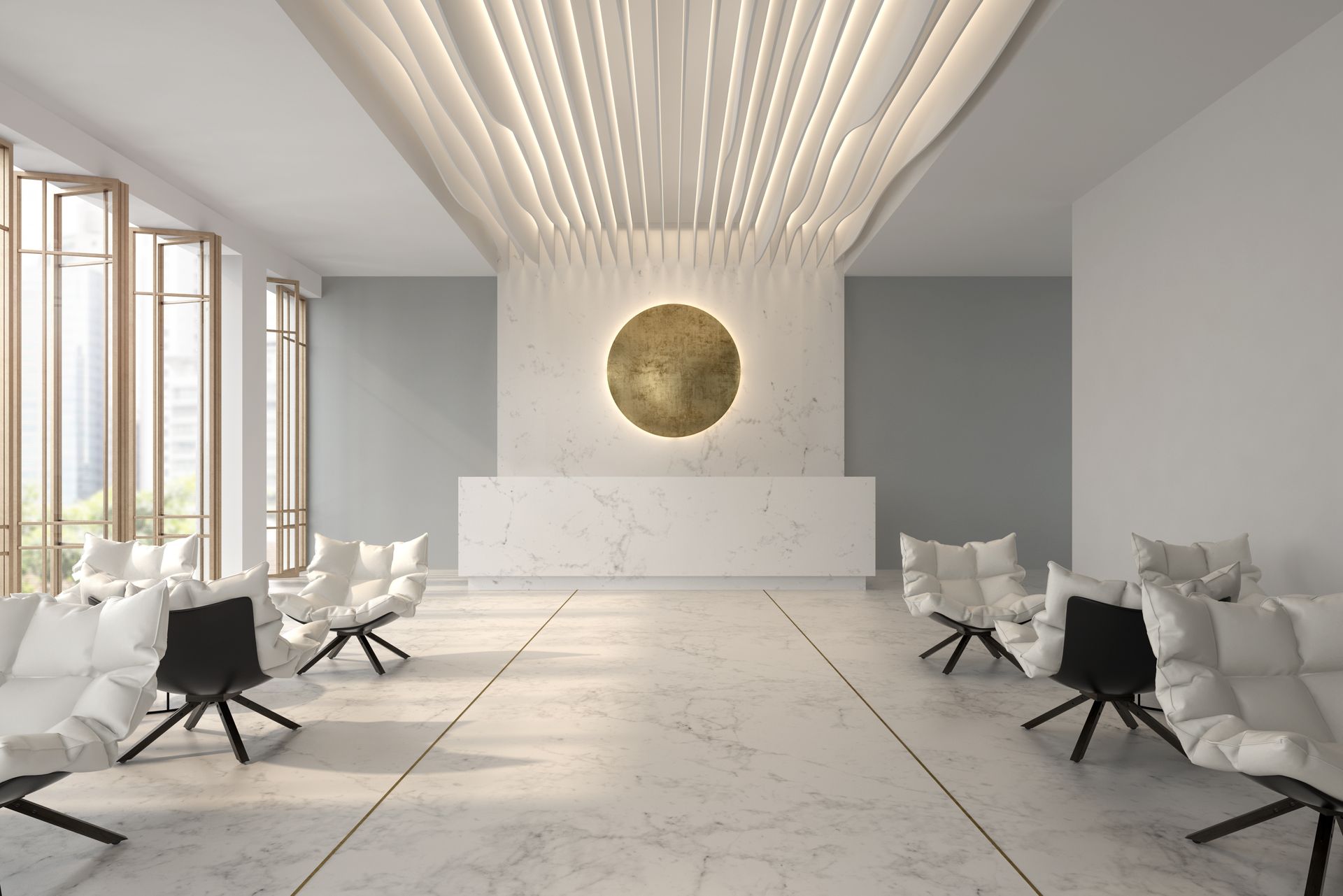 A large room with a marble floor , chairs and a ceiling.