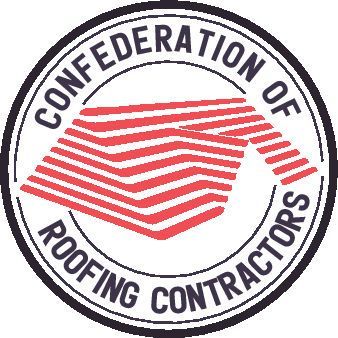 Logo of the Confederation of Roofing Contractors featuring a red and white roof design within a circular border with text.