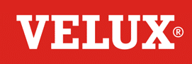 VELUX logo in white letters on a red background. The registered trademark symbol is at the right.