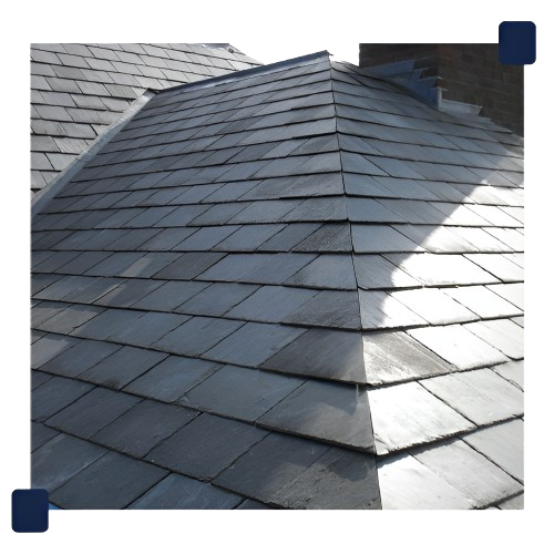 Slate roof with dark gray tiles. The roof has a pointed design.
