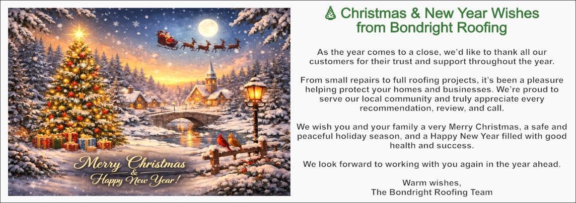 Christmas card illustration: snowy village, Santa's sleigh, Christmas tree, 