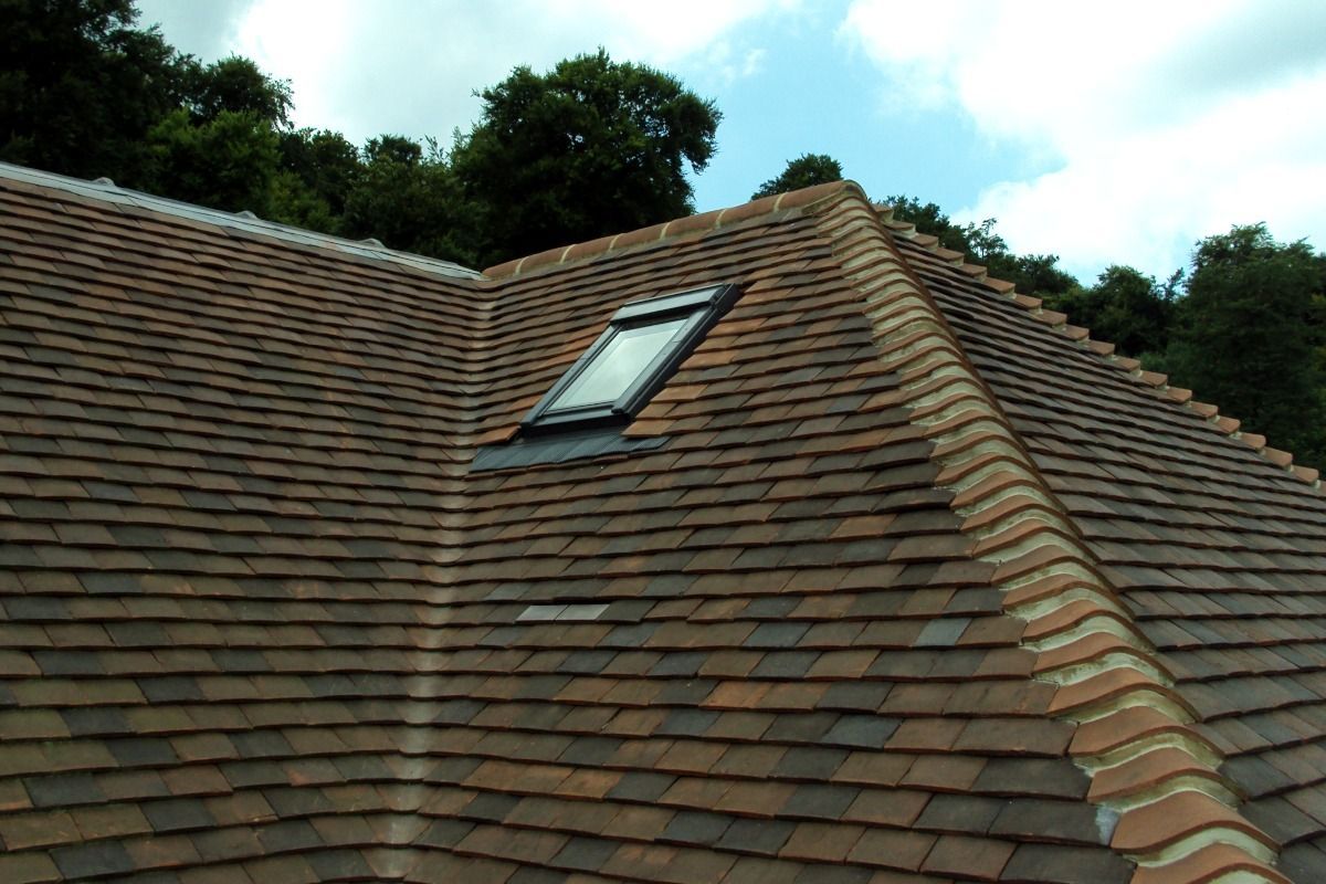 Clay tile roof with a skylight, set against a backdrop of trees and a partly cloudy sky.