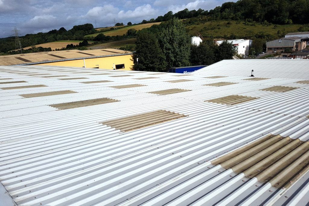 A white corrugated roof with rectangular skylights.