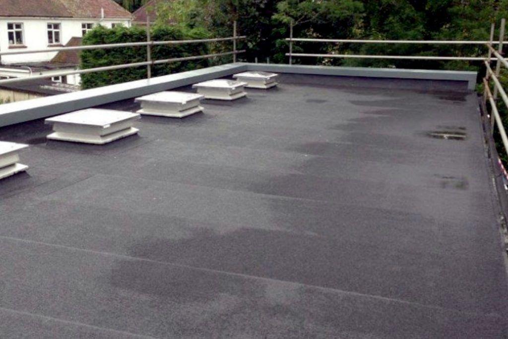 A flat roof with skylights and safety rails. The roof appears wet and dark with a building and trees in the background.